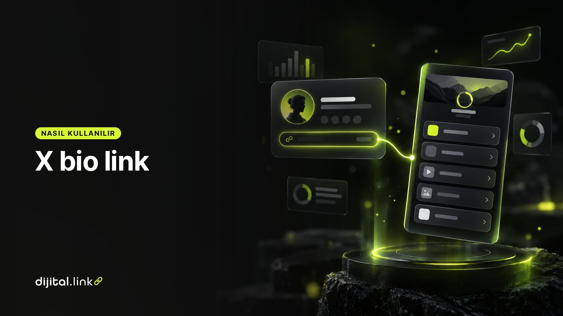 Bir sosyal profil ekranındaki web sitesi alanından bio link sayfasına uzanan ışık çizgisini gösteren çizim