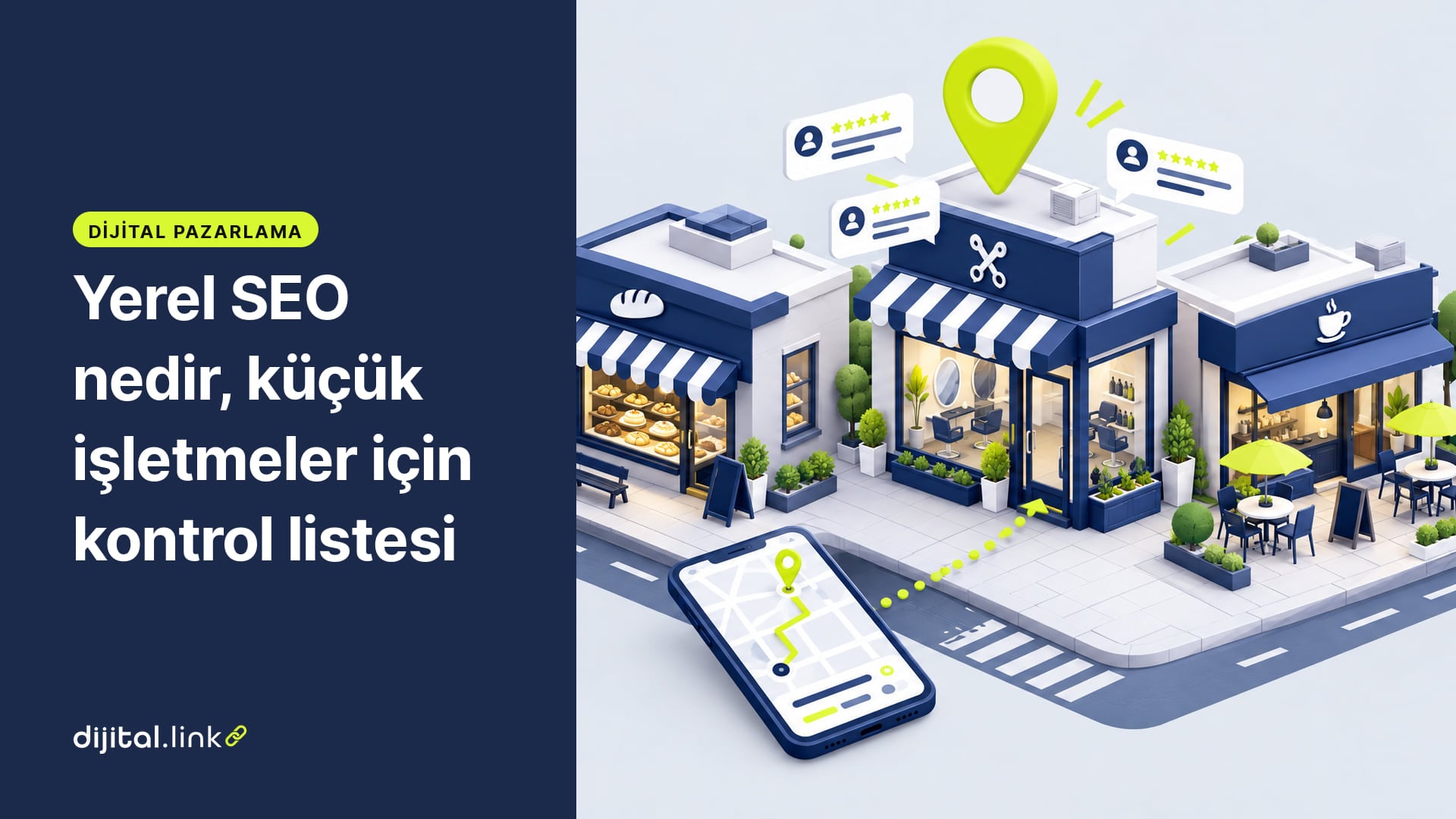 Küçük bir mahalle dükkânının üstünde harita iğnesi ve etrafında yıldızlı yorum kartları olan izometrik çizim