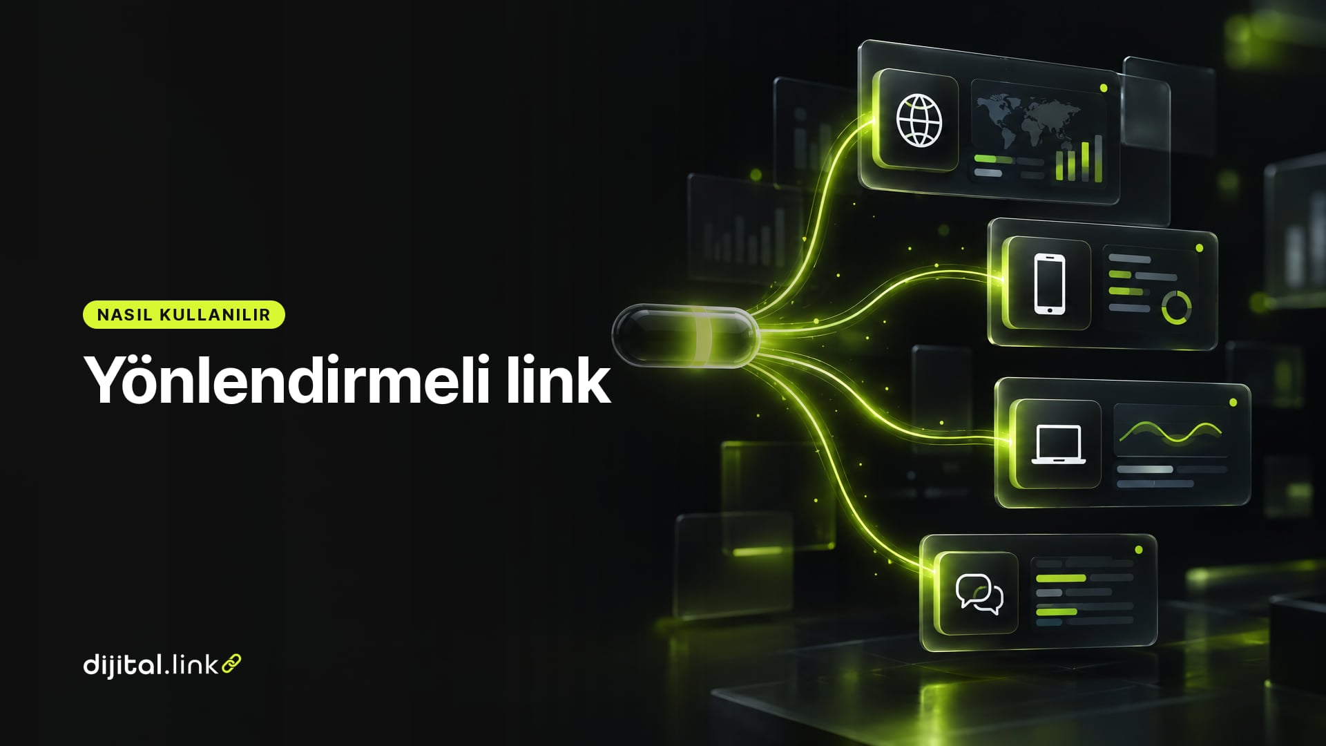 Tek bir kısa linkten çıkan ışık yollarının farklı ülke, cihaz ve dil simgelerine göre ayrı sayfalara ulaştığını gösteren çizim
