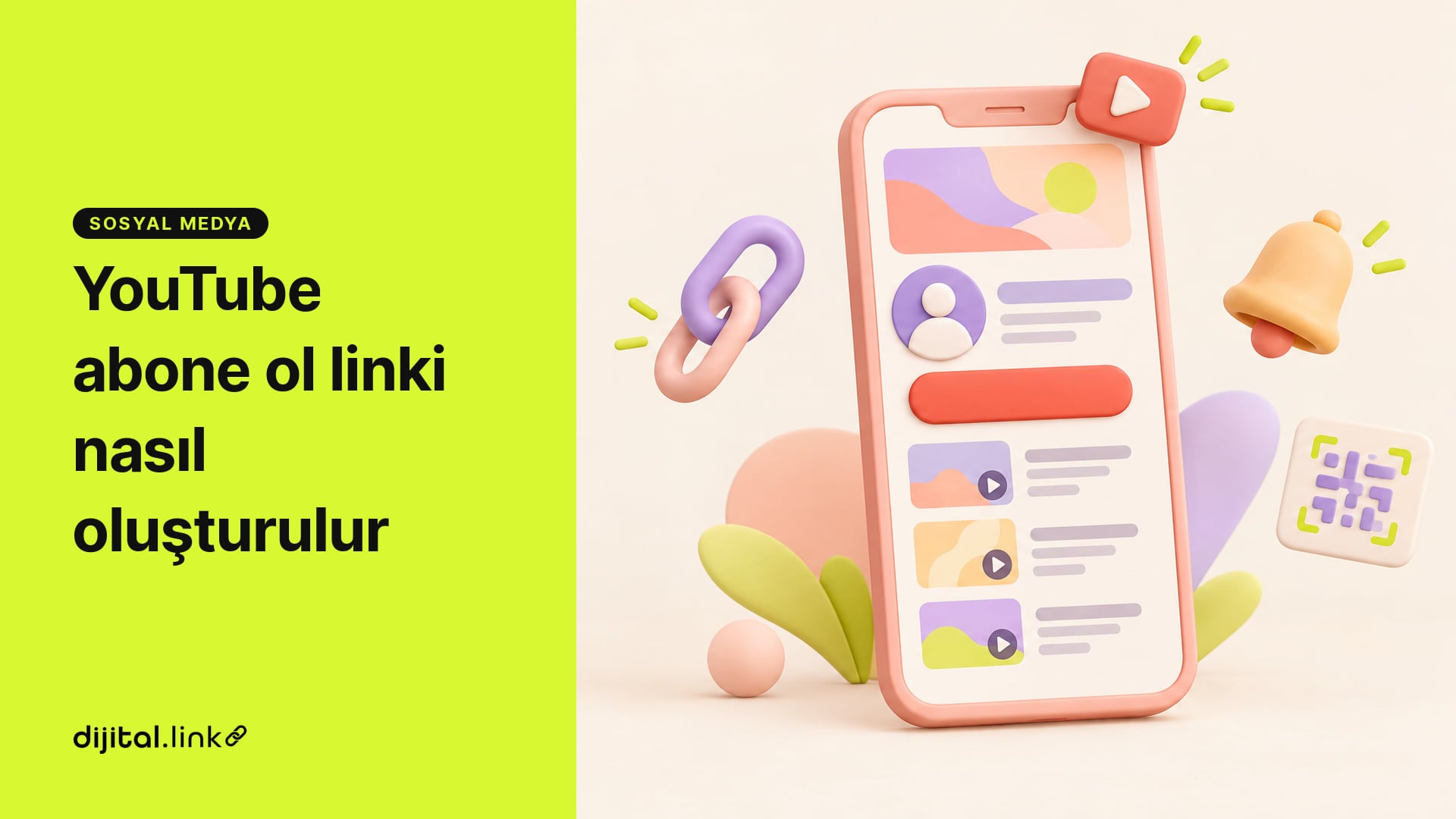 Telefon ekranında bir video kanalı sayfası ve büyük kırmızı abone ol düğmesi, yanında zil simgesi, zincir halkası ve QR kod kartı