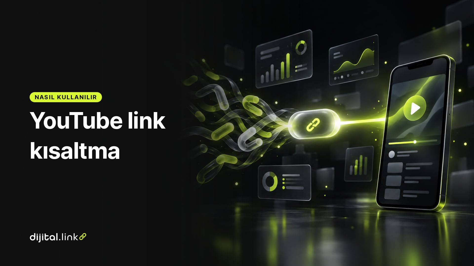 Uzun bir bağlantı şeridinin kısa bir link kapsülüne dönüşüp video oynatıcısı açık bir telefona ulaştığı çizim