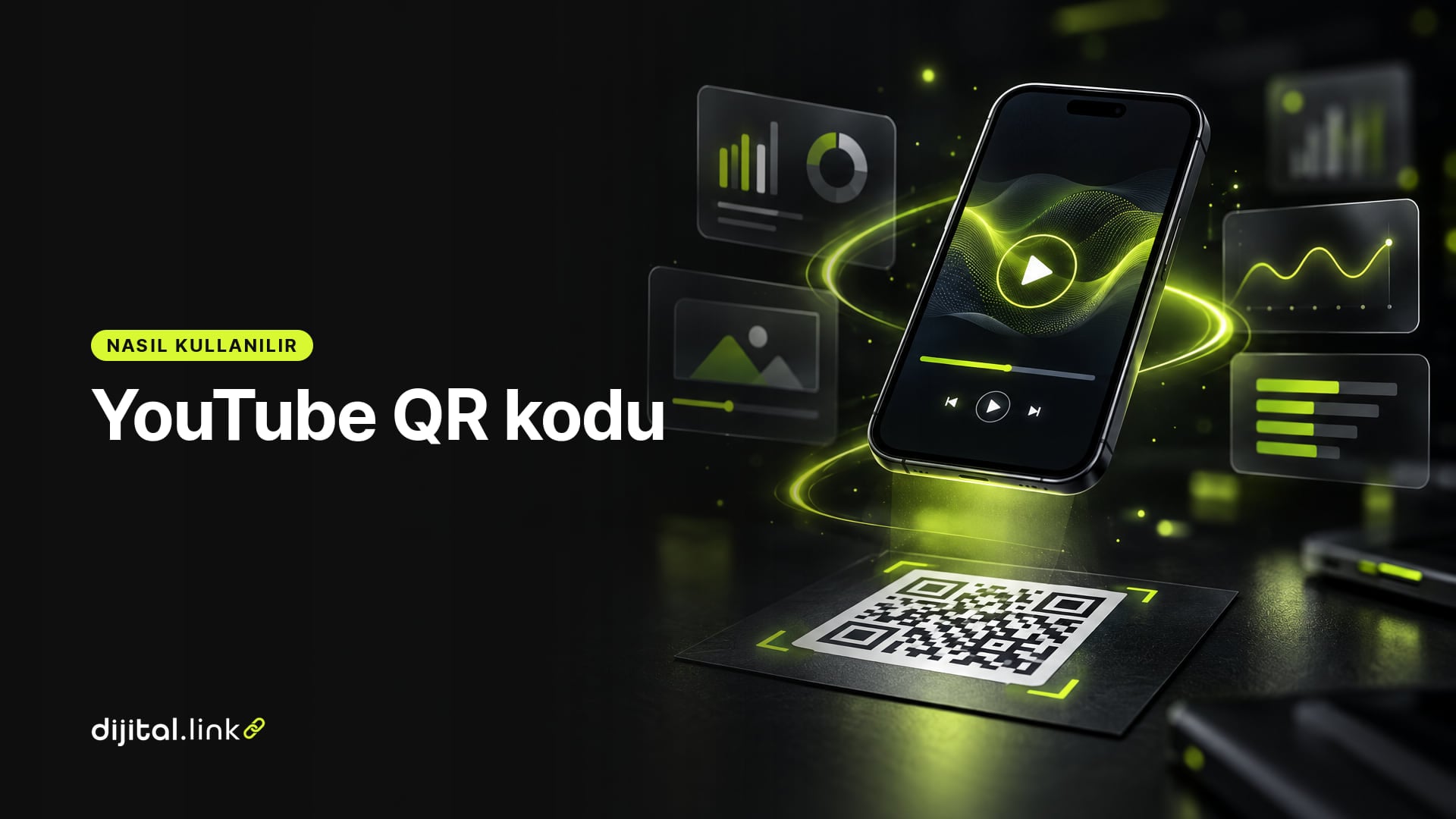 Bir afişteki QR kodu okutan telefonda açılan video oynatıcısını gösteren çizim